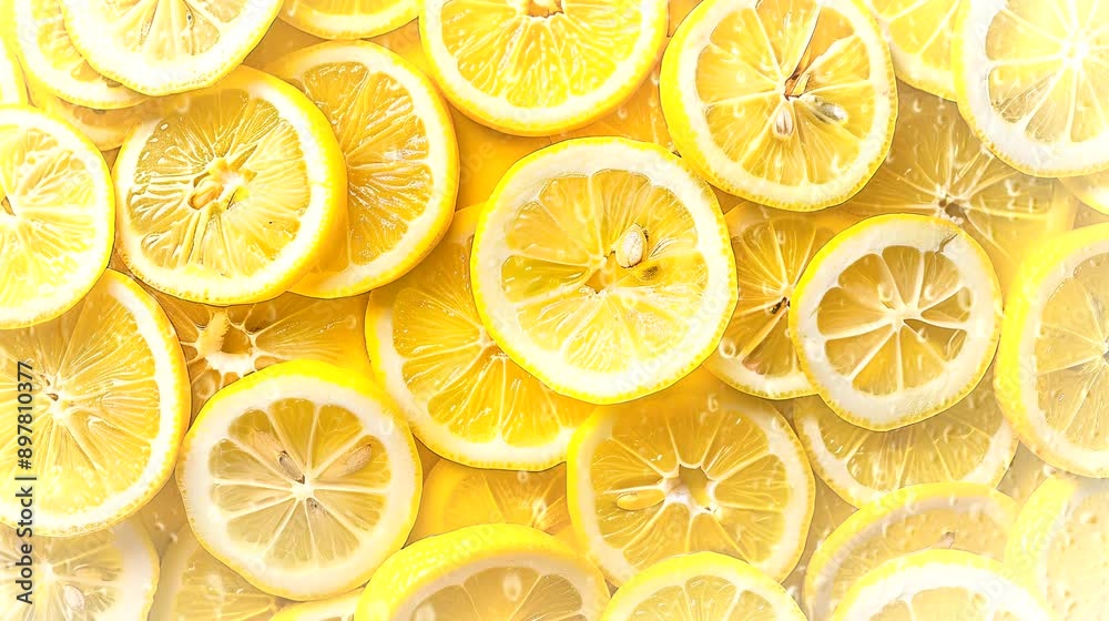 Close-up of fresh and juicy lemon slices creating a vibrant background. Seamless loop video background Close-up of fresh and juicy lemon slices creating a vibrant background. Seamless loop video background