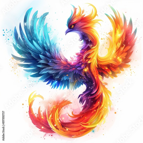 Mythical Phoenix Bird with Colorful Feathers and Sparkles