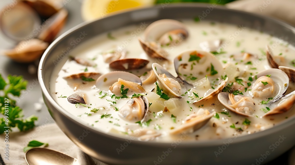 Creamy clam soup with parsley and dill in a bowl