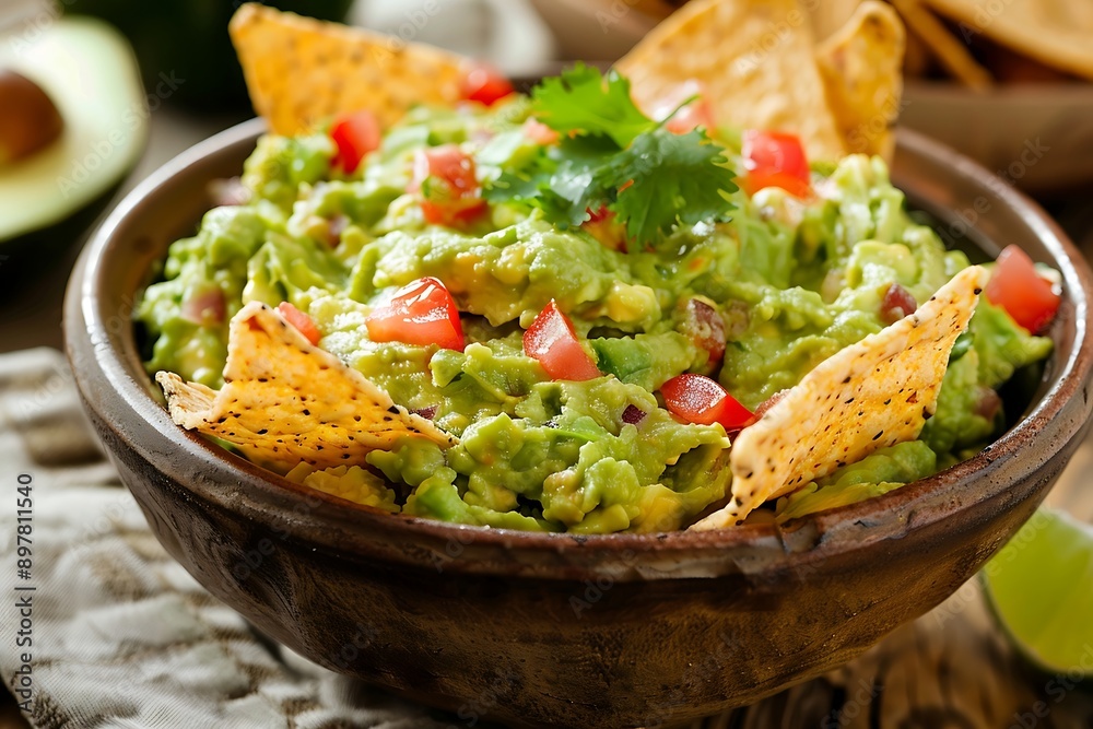 Bowl of guacamole and nachos on wooden background Bowl of guacamole and nachos on wooden background