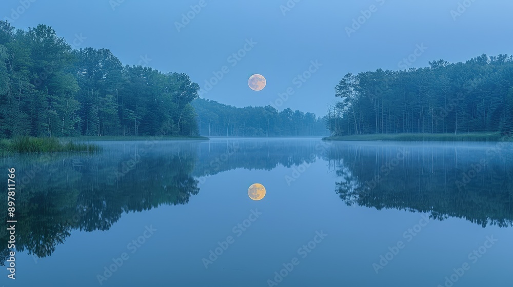 Photograph a reflection of the moon on a calm lake.