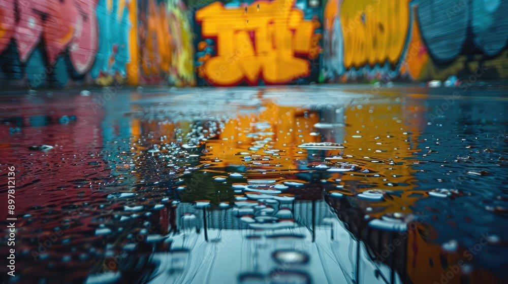 Photograph a reflective surface with colorful graffiti, creating an abstract composition.