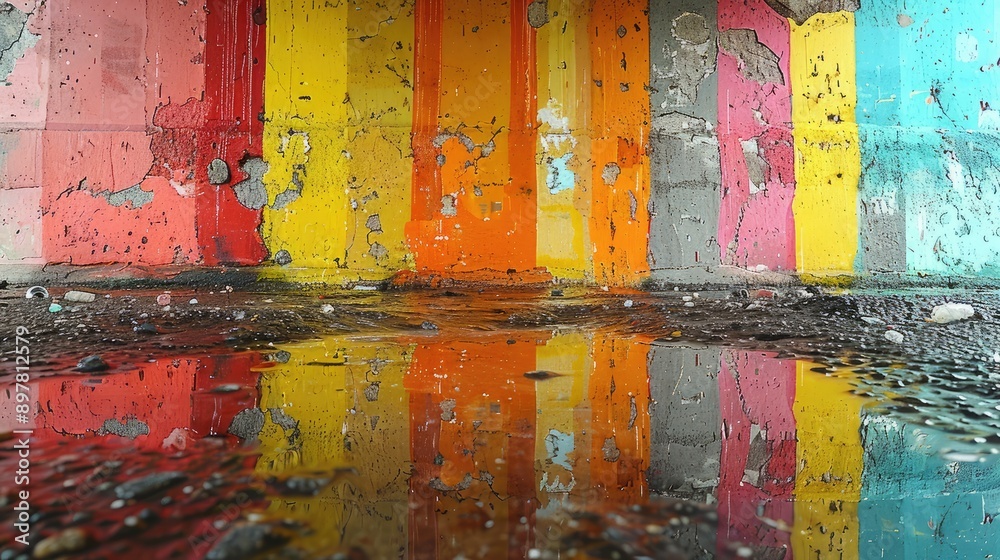 Photograph a reflective surface with colorful graffiti, creating an abstract composition.