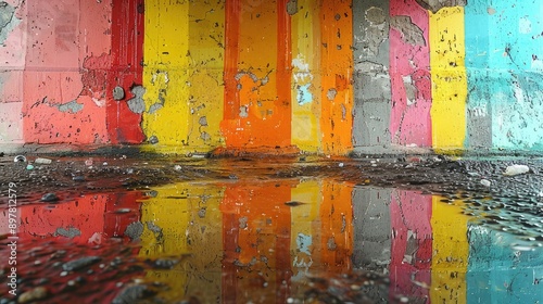 Photograph a reflective surface with colorful graffiti, creating an abstract composition.
