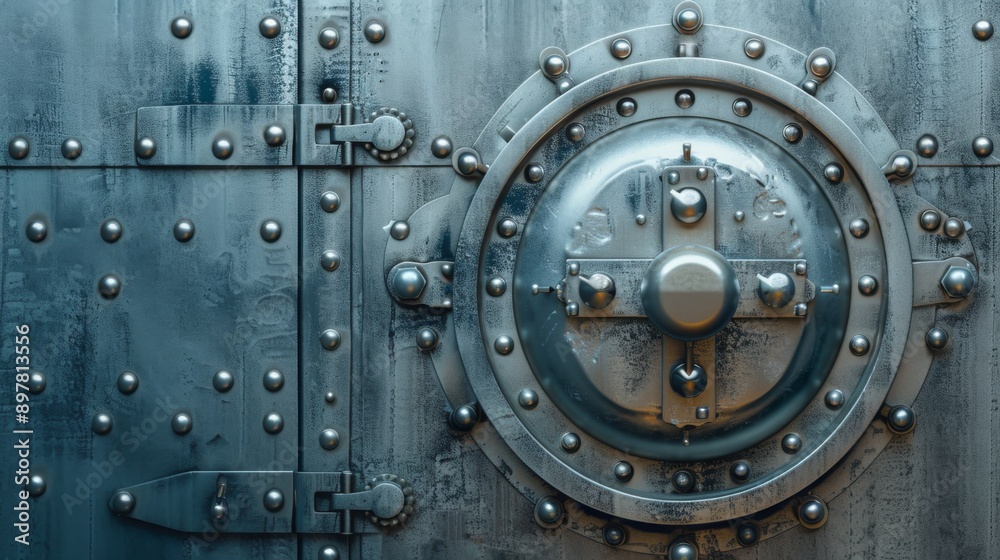 A close-up of a large, metal vault door with a round, circular lock. The door is covered in rivets. A close-up of a large, metal vault door with a round, circular lock. The door is covered in rivets.