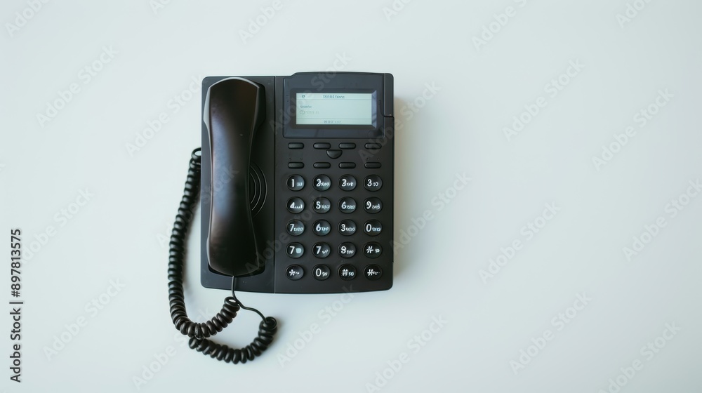 Unused black office landline phone sits on a desk, ready for a call to be made or received Unused black office landline phone sits on a desk, ready for a call to be made or received