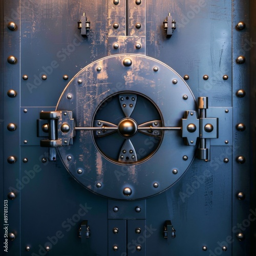 A close-up of a large, heavy, steel vault door. The door has a circular handle and is secured with multiple bolts. The door is aged and has a weathered appearance.