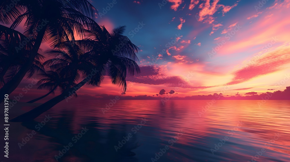 Obraz premium 38. Render a tranquil beach scene at sunset, with palm trees silhouetted against a colorful sky.