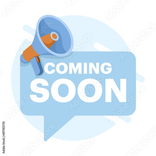 Concept Coming soon mark. Coming soon chat greeting messages. Flat speech bubble banner with bell. Promotional banner sign. New product release symbol. Offer a talk box. flat vector illustration.