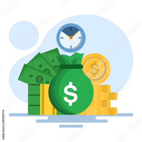 time is money concept, using time as efficiently as possible for productivity and making money, pension fund, clock, long term investment results, flat vector illustration on background.