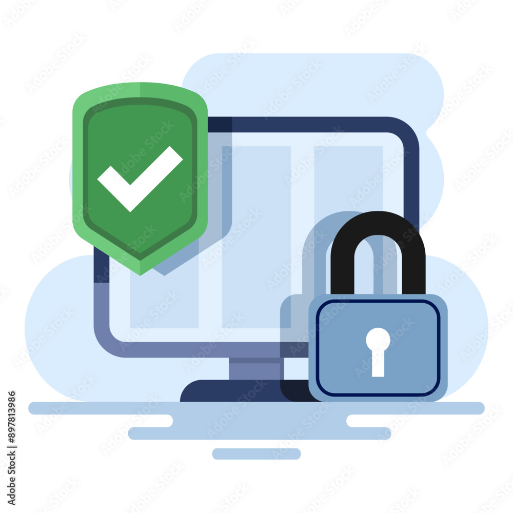 Laptop security protective shield concept. Cyber security. Data protection. Digital access and online security. computer services and electronic information. flat vector illustration on background. Laptop security protective shield concept. Cyber security. Data protection. Digital access and online security. computer services and electronic information. flat vector illustration on background.