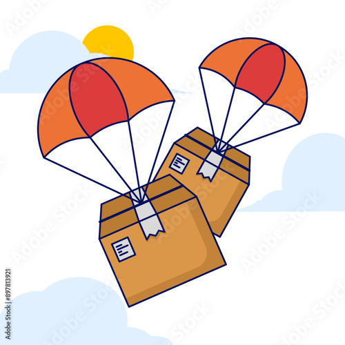 Fast air logistics delivery service concept. Packages fly down from the sky with parachutes. fast delivery to recipient. Delivery Package with Parachute Premium Icon Vector Illustration.