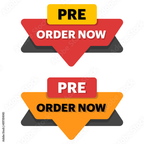 Preorder now concept, yellow red preorder now label clipart, Stock promotion ready for pre-order now. New product items available with best price and discount vector illustration.