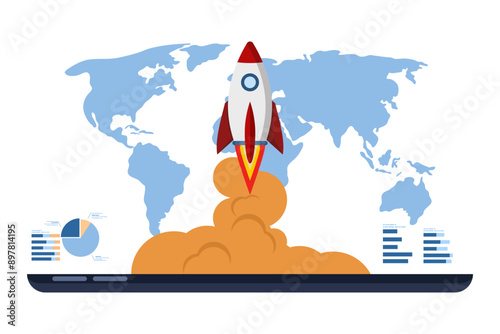 Business startup concept, Flying rocket with global map, computer device on isolated background, launching business project with rocket. giving up a start-up business. digital marketing illustration.