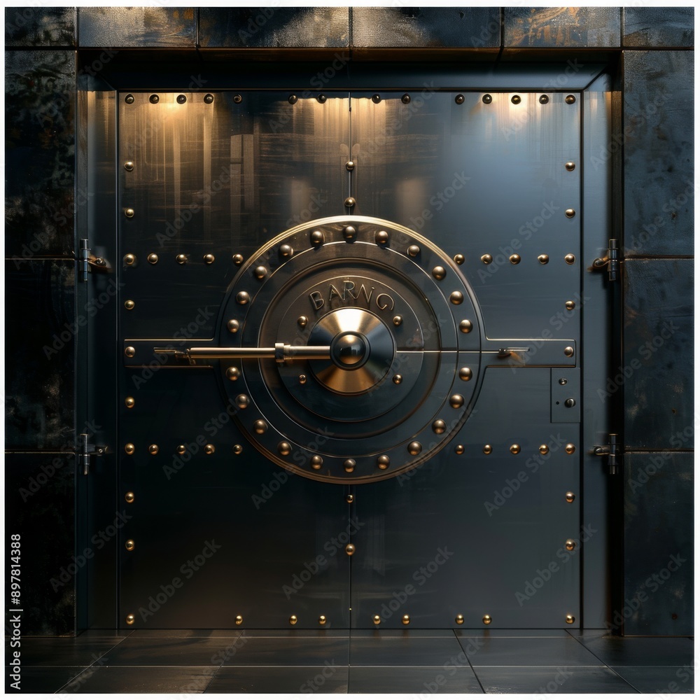 A heavy metal vault door with a large, intricate lock. The door is illuminated by soft lights, casting shadows on the surrounding walls. A heavy metal vault door with a large, intricate lock. The door is illuminated by soft lights, casting shadows on the surrounding walls.