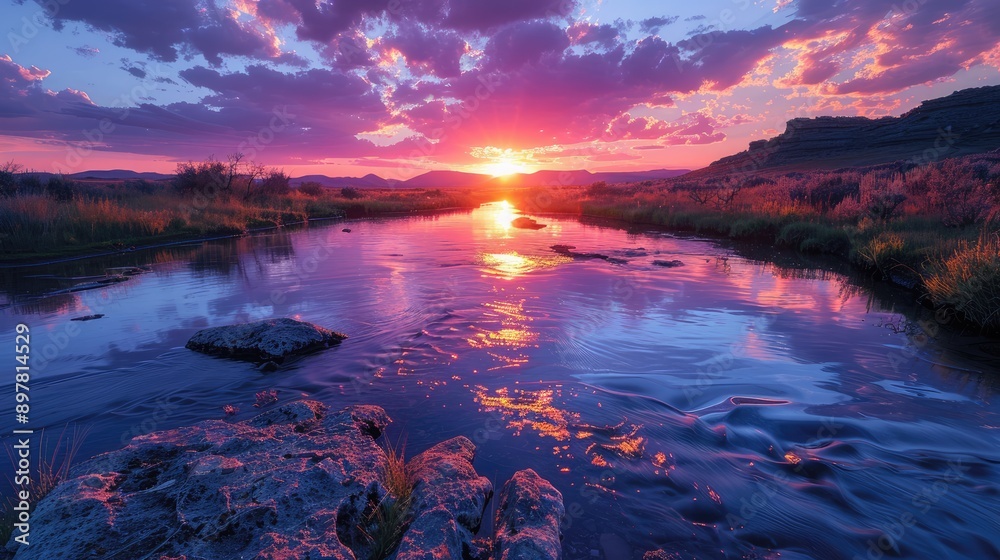 Photograph reflections in a river during a colorful sunset.