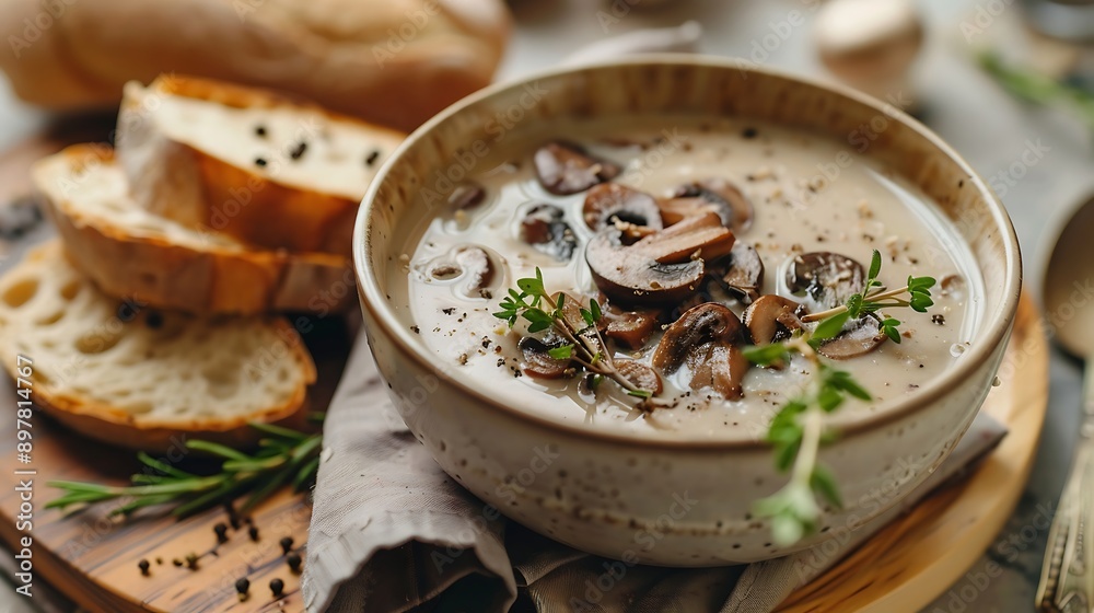 Creamy mushroom soup in bowl on wooden table Creamy mushroom soup in bowl on wooden table