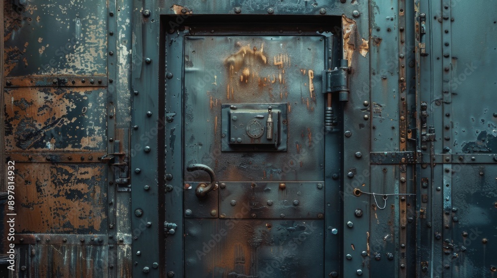 A rusty metal door with rivets and a small window, set against a weathered metal wall. A rusty metal door with rivets and a small window, set against a weathered metal wall.