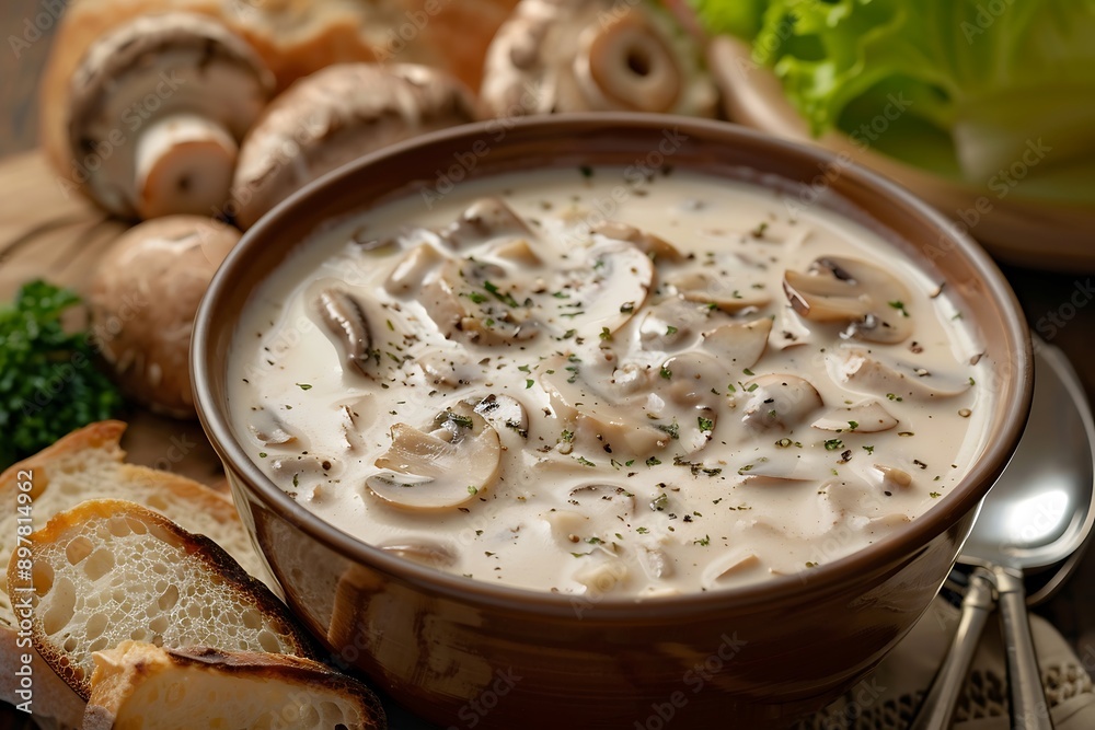 Creamy mushroom soup in bowl on wooden table Creamy mushroom soup in bowl on wooden table