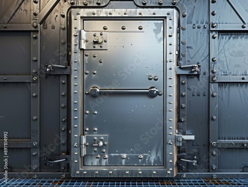 A single metal door with multiple locks and rivets on a weathered metal wall.