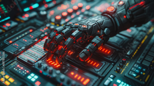 A robotic hand is on a computer monitor with red lights