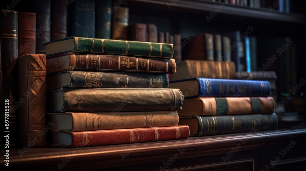 A Stack of Books on a Wooden Shelf A Stack of Books on a Wooden Shelf