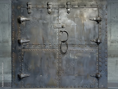 A weathered metal door with intricate hinges and a heavy lock. The door is secured with bolts and rivets, giving it a sense of age and security.