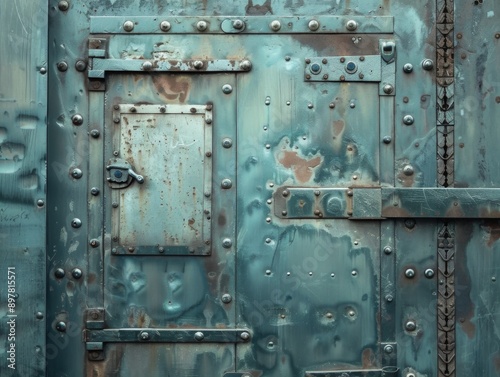 A weathered metal door with rivets and a smaller hatch. The surface is blue-green and shows signs of wear and rust.