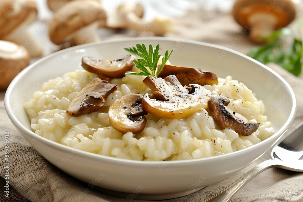 Risotto with champignons and thyme on the table Risotto with champignons and thyme on the table