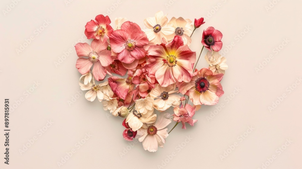 Pink flowers heart shape arrangement on light pink background for beauty and romance concept Pink flowers heart shape arrangement on light pink background for beauty and romance concept