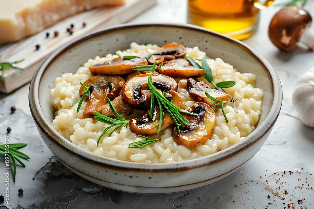 Risotto with champignons and thyme on the table Risotto with champignons and thyme on the table