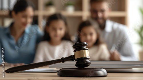 A gavel symbolizes justice as a family engages in important discussions, highlighting the importance of law and family values.