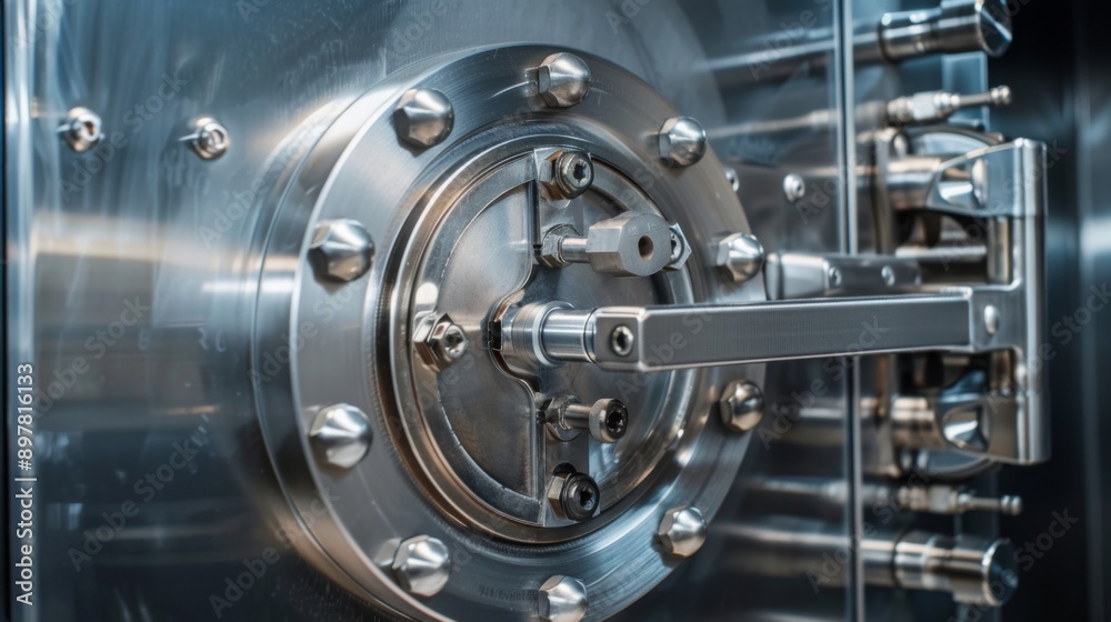 Close-up of a large, secure metal door with intricate locking mechanism. Industrial, safety, and security concept. Close-up of a large, secure metal door with intricate locking mechanism. Industrial, safety, and security concept.