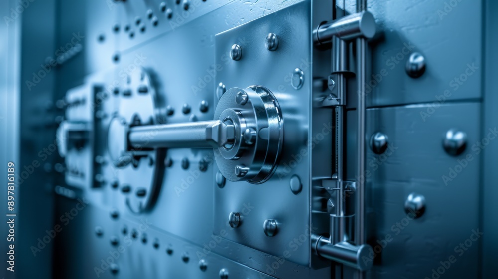 Closeup of a large, heavy-duty vault door with intricate locking mechanisms. Closeup of a large, heavy-duty vault door with intricate locking mechanisms.