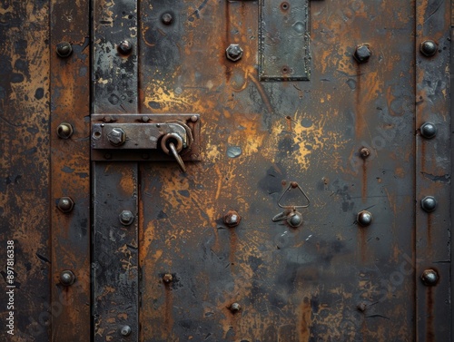 Close-up of a rusty metal door with a padlock and rivets.  The textured surface shows signs of age and wear.