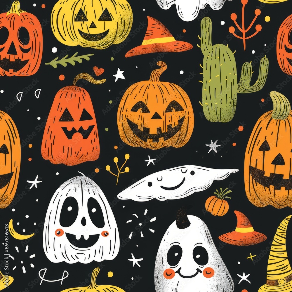 Cute Halloween cartoon character seamless pattern with ghosts, perfect for kids or party wallpaper design. Cute Halloween cartoon character seamless pattern with ghosts, perfect for kids or party wallpaper design.