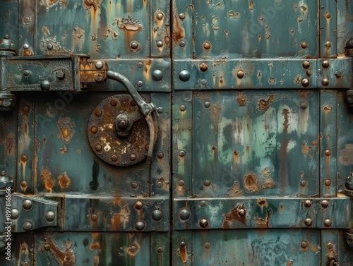 Close-up of a weathered, rusty metal door with a large, ornate lock.