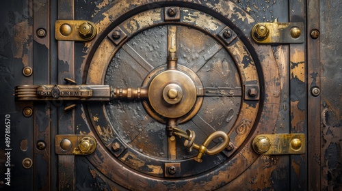 Close-up of a weathered, ornate metal vault door with a circular lock and intricate details.