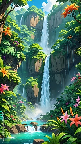 A majestic waterfall in a lush rainforest, surrounded by vibrant vegetation and colorful flowers, anime style  photo