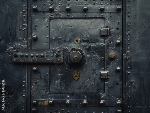 Close-up of a weathered, metal door with a large, ornate lock and hinges.