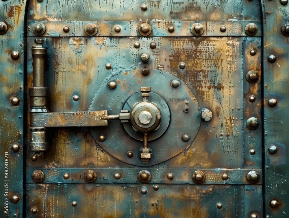 Close-up of a weathered metal door with a large, intricate lock and handle. The door is decorated with rivets and has a rustic, aged appearance. Close-up of a weathered metal door with a large, intricate lock and handle. The door is decorated with rivets and has a rustic, aged appearance.