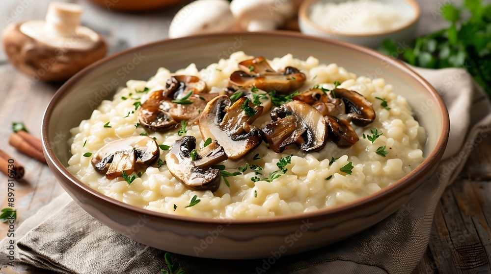 Risotto with champignons and thyme on the table Risotto with champignons and thyme on the table