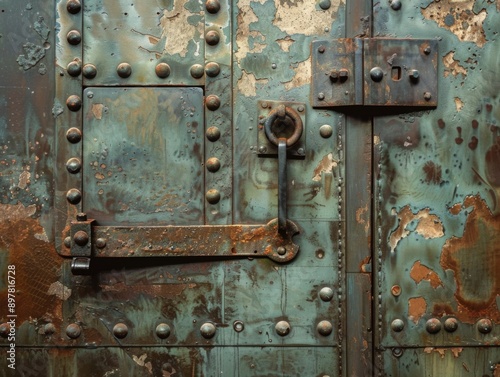 Close-up of a weathered metal door with a rusty latch, hinges, and lock.  The door is textured with peeling paint and rivets.
