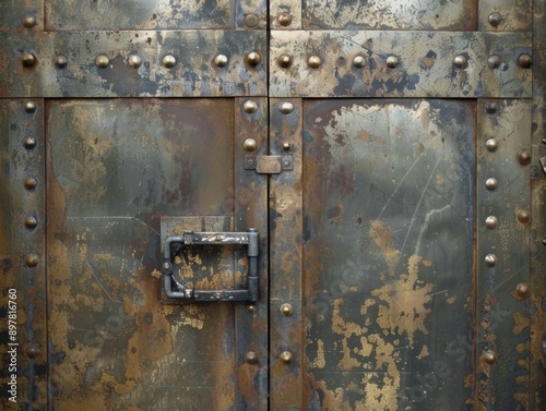 Close-up of a weathered metal door with rivets and a rusty handle.