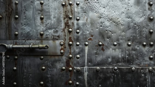 Close-up of a weathered metal door with rivets and a lock.  The surface shows signs of wear and tear.  The texture and detail create a sense of age and history.