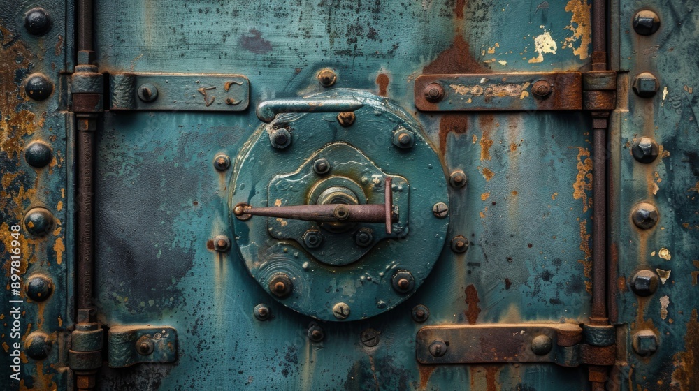 Closeup of an old, rusty metal door with a large, circular lock and intricate hardware. Closeup of an old, rusty metal door with a large, circular lock and intricate hardware.