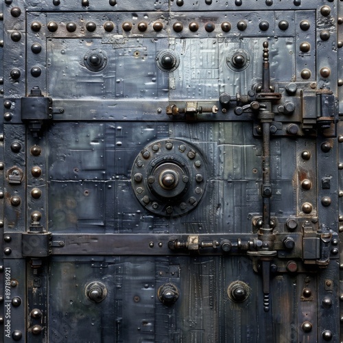 Close-up of an old, weathered steel vault door with intricate locking mechanisms and rivets.