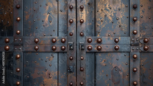 Close-up of an old, weathered metal door with rivets. The door is a dark gray color with rusty spots. The rivets are round and spaced evenly.
