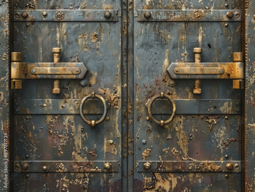 Close-up of weathered, rusty double doors with ornate hinges and ring handles. Close-up of weathered, rusty double doors with ornate hinges and ring handles.