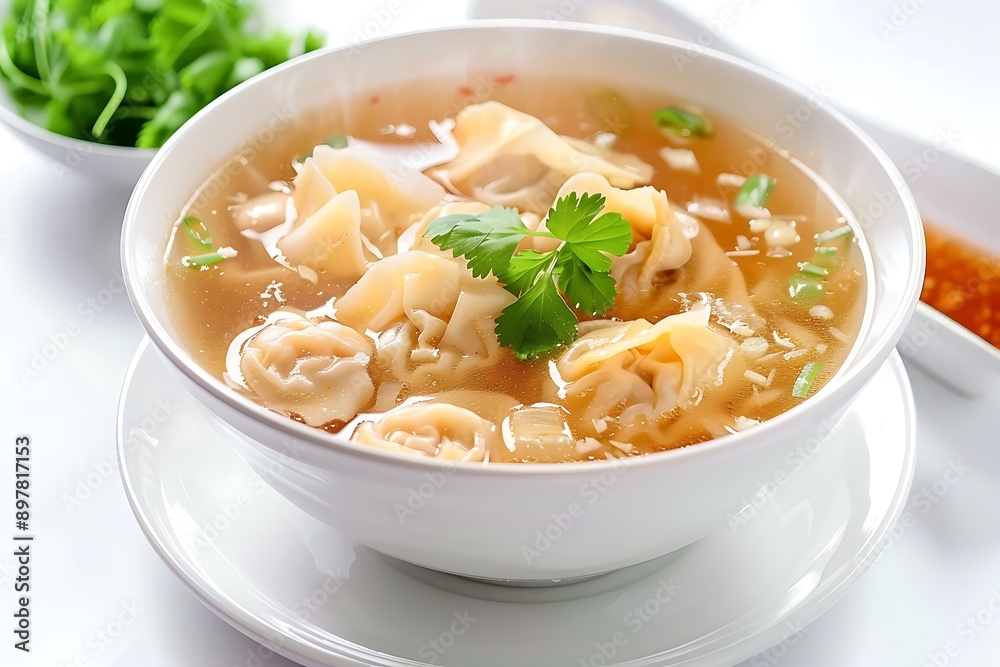 Plate of tasty Wonton soup with on white background. Plate of tasty Wonton soup with on white background.